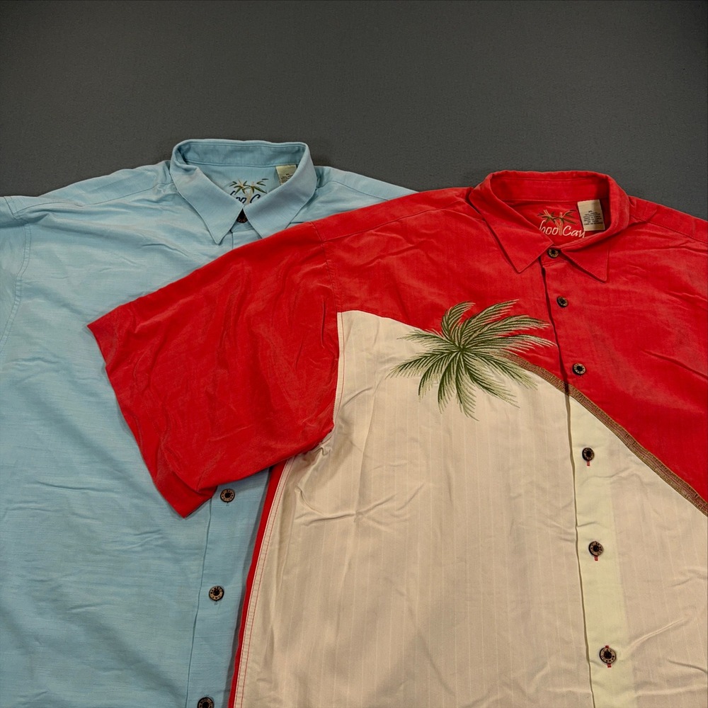 Lot 2 Bamboo Cay Mens XL Short Sleeve Button Up Shirts Golf Palm Tree Red Blue